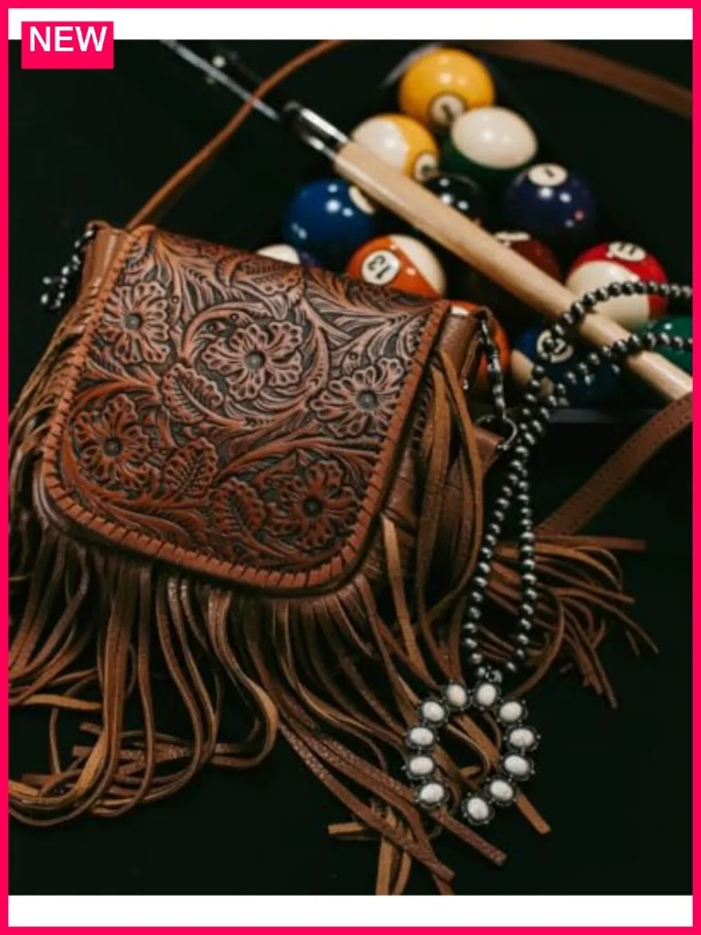 Genuine Leather Fringe Crossbody Purse with Floral Tooled Pattern